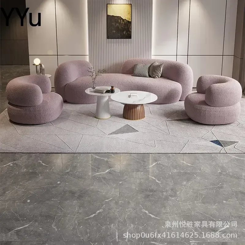 for Light Luxury Curved Sofa Lamb Wool Fabric Coffee Table Set Small Apartment Hotel Living Room Beauty Salon Clothing Store
