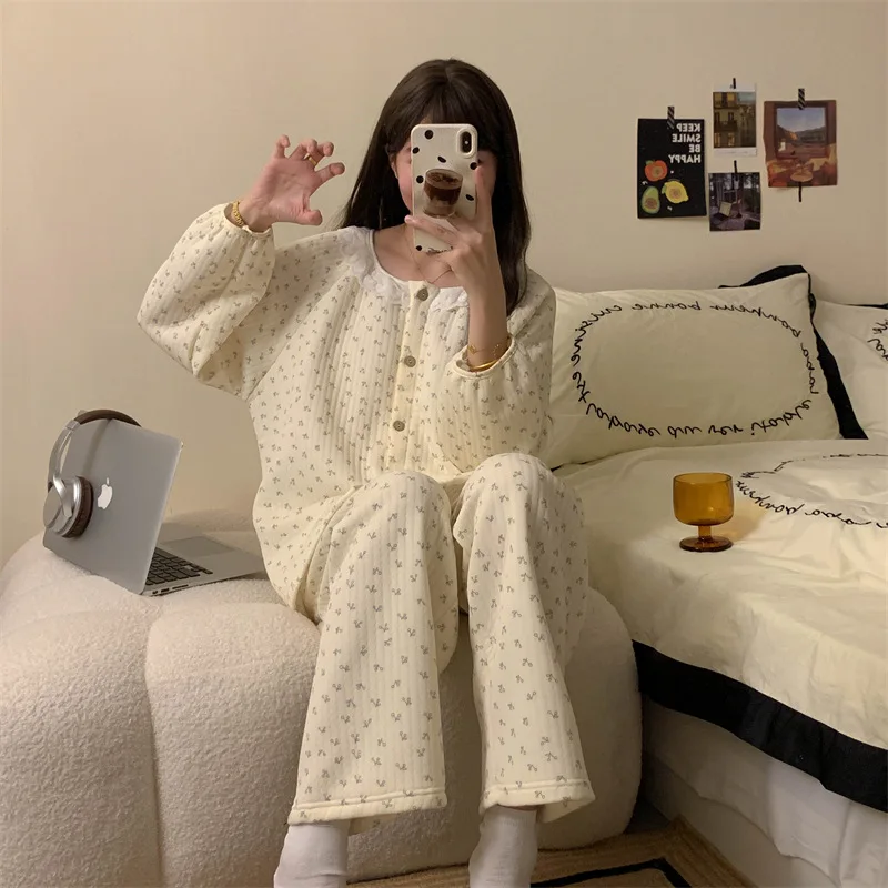 Damespyjama Bloemenvest Verdikt Meisje Homewear Herfst Winter Loungewear Abrikoos Luchtkatoen Ronde hals Nieuwe huiskleding