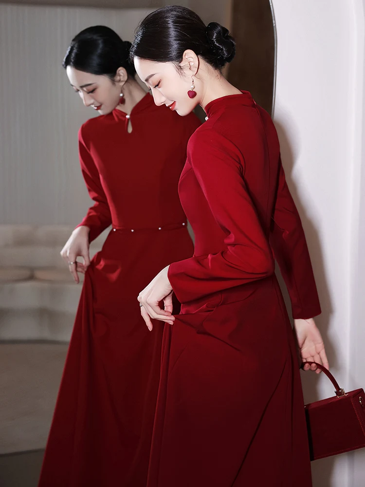 

Autumn Winter Red Long Sve Engagement Wedding Dr New Bride Tea Ceremony Ceremony Costume Skirt Vintage Sle