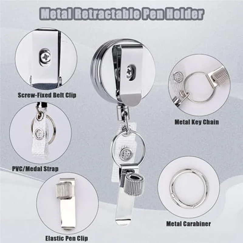 Retractable Pen Holder, Badge Reel Pen Clip Keychain With Belt Clip And Key Ring For Nurses Teachers Waitresses