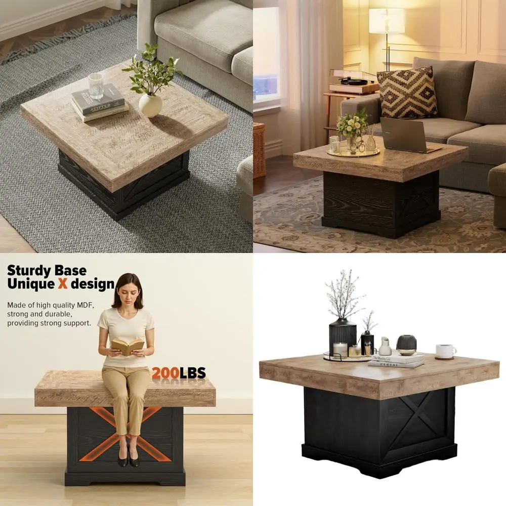 

Rustic Dark Oak X-Design Coffee Table, 31.5 Square, Space-Saving for Living Room & Home Office