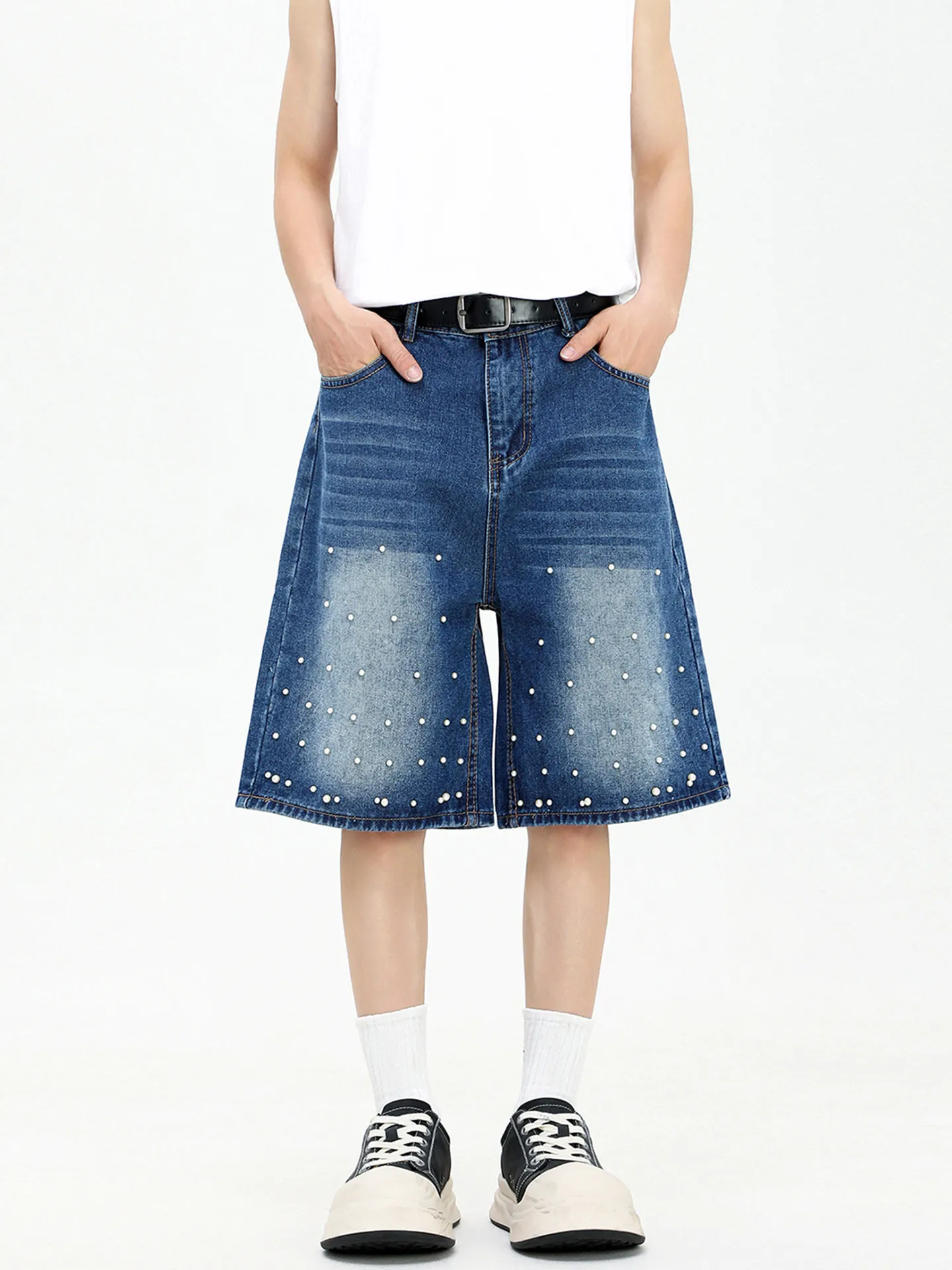 

Summer Men's Beading Denim Shorts American Casual Fashion Retro High Street Male Straight Leg Washed Knee-length Jeans