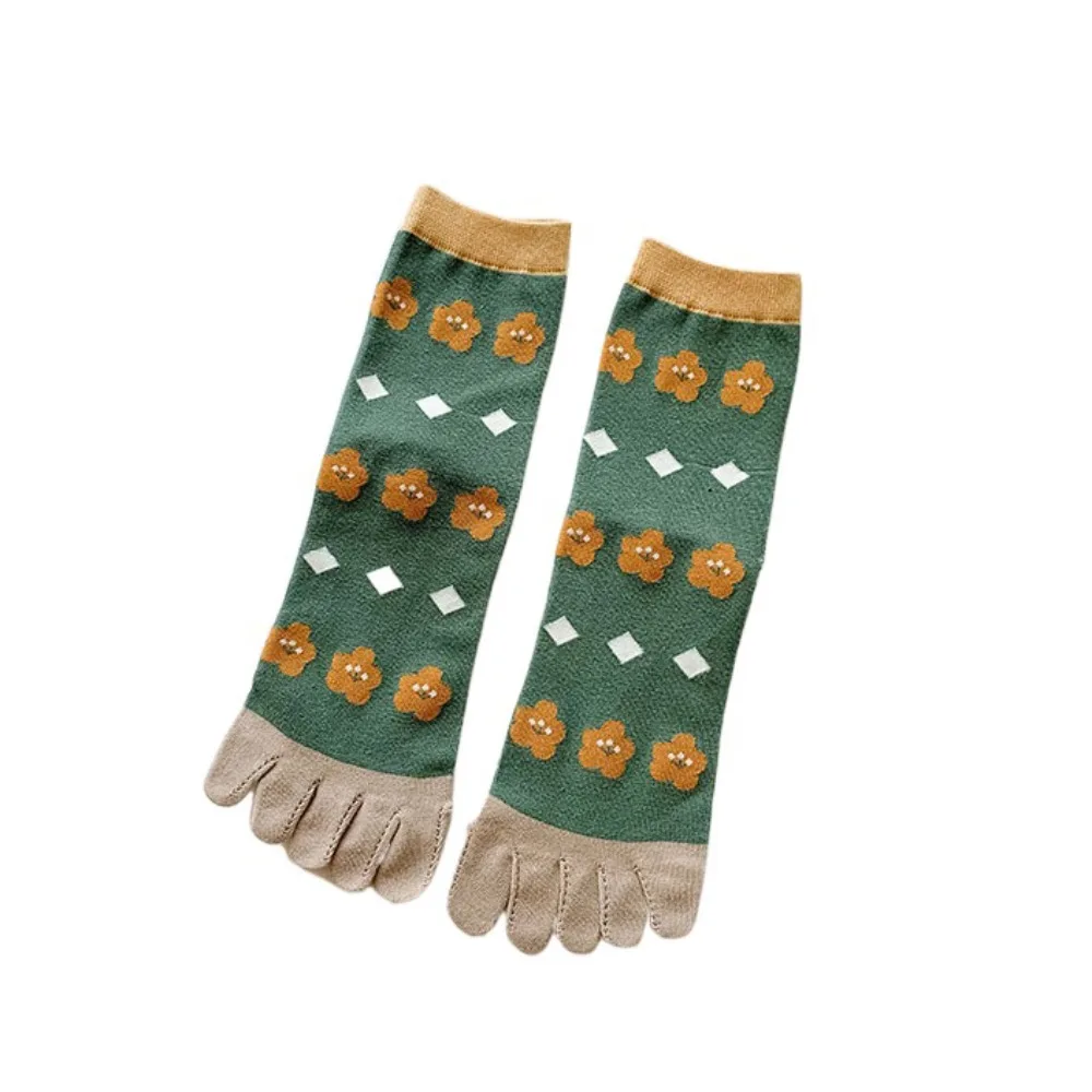 

Fashion Flower Five Finger Tube Socks Breathable Stripe Grid Split Toe Short Socks Hosiery Anti Slip Toe Mid-calf Socks Slippers