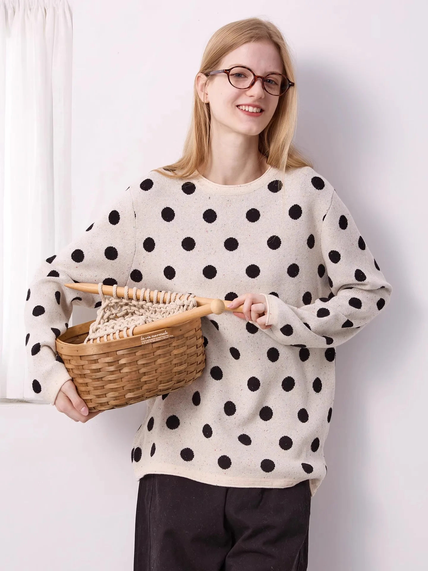 

Original Pure Cotton Polka Dot Knitwear Sweater with Cuffed Bot Versatile Base Layer Sweet Sle Straight Cut Long Sve ...