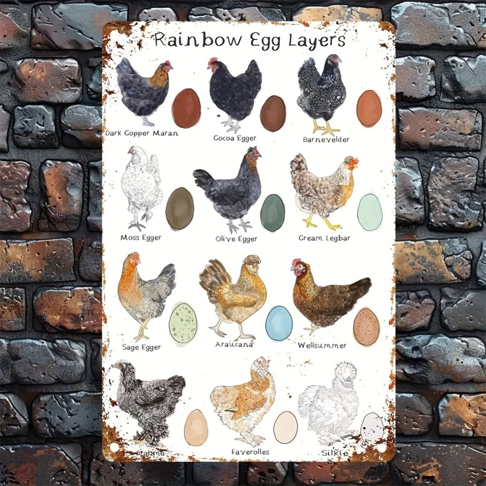 Vintage Chicken Breeds Metallschild – Rustikale Bauernhaus-Wandkunst mit buntem Ei-Design, rahmenloses Eisenposter für Zuhause, Küche