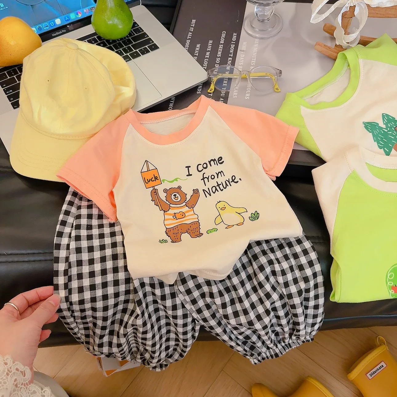 1 Piece Orange Sleeve Duck Bear T-shirt Summer Cute Tops For Girls and Boys Cotton Clothes