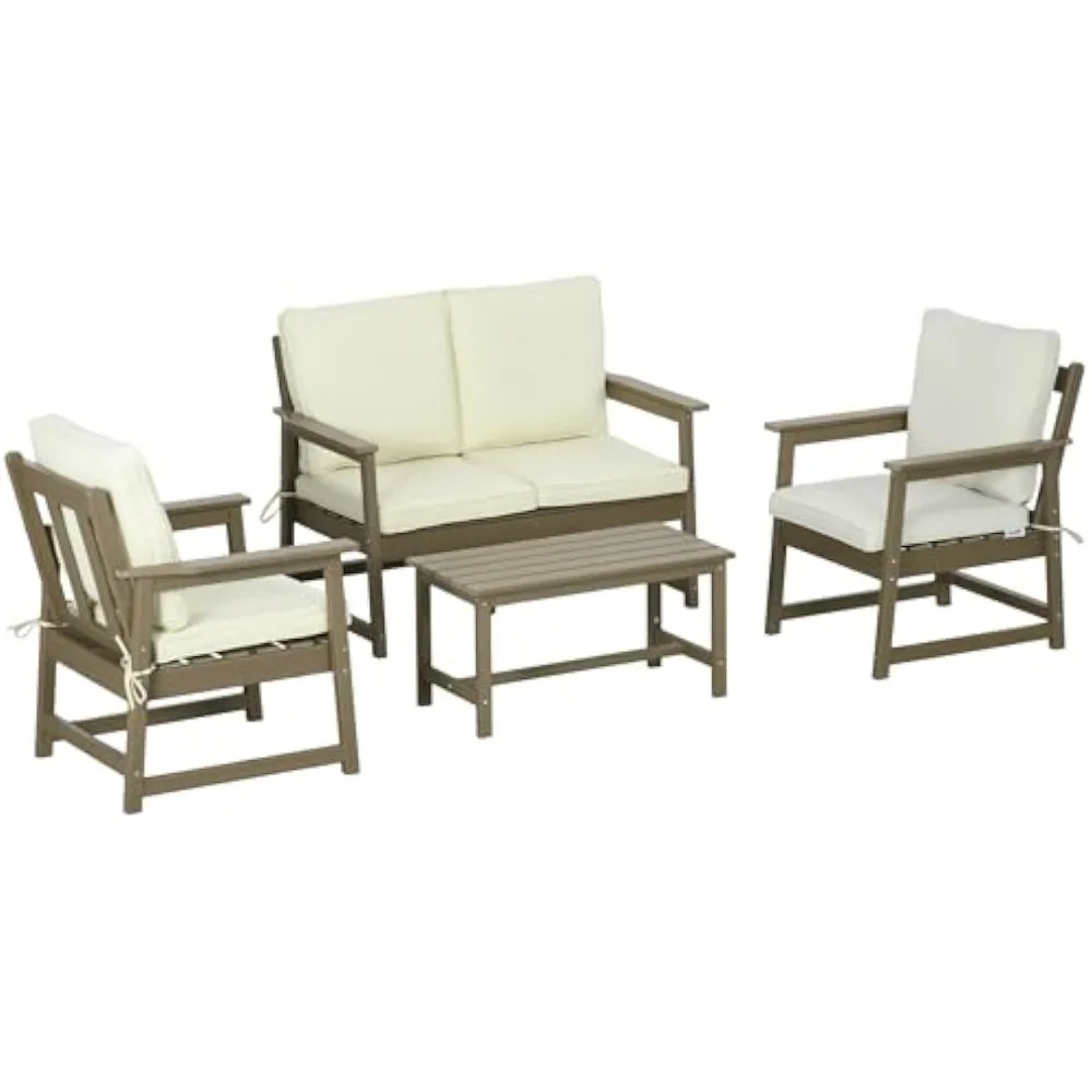 4 Piece Patio Furniture Set with Cushions, Conversation Sofa Set with Two Chairs, Loveseat, and Slatted Top Coffee Table