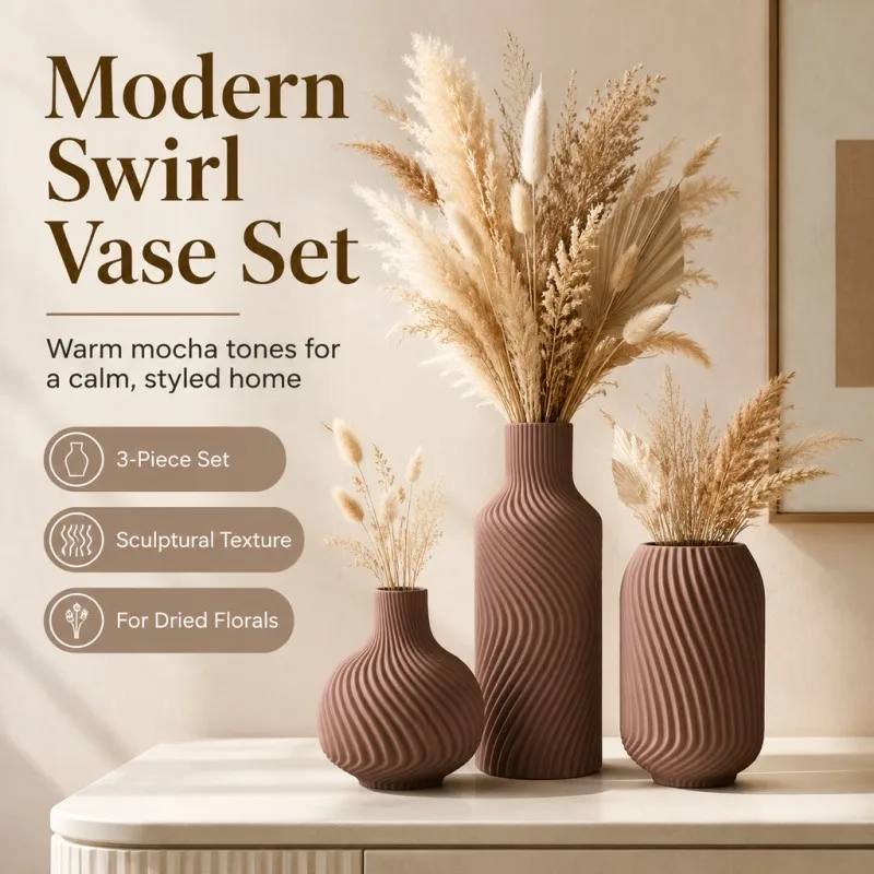 3er-Pack Gedrehte Wellen-Skulptur-Vasen-Set aus Öko-PLA, Rohsand-Matt-Vasen, Nordische Heimdekoration für Pampasgras & Künstliche Blumenarrangements