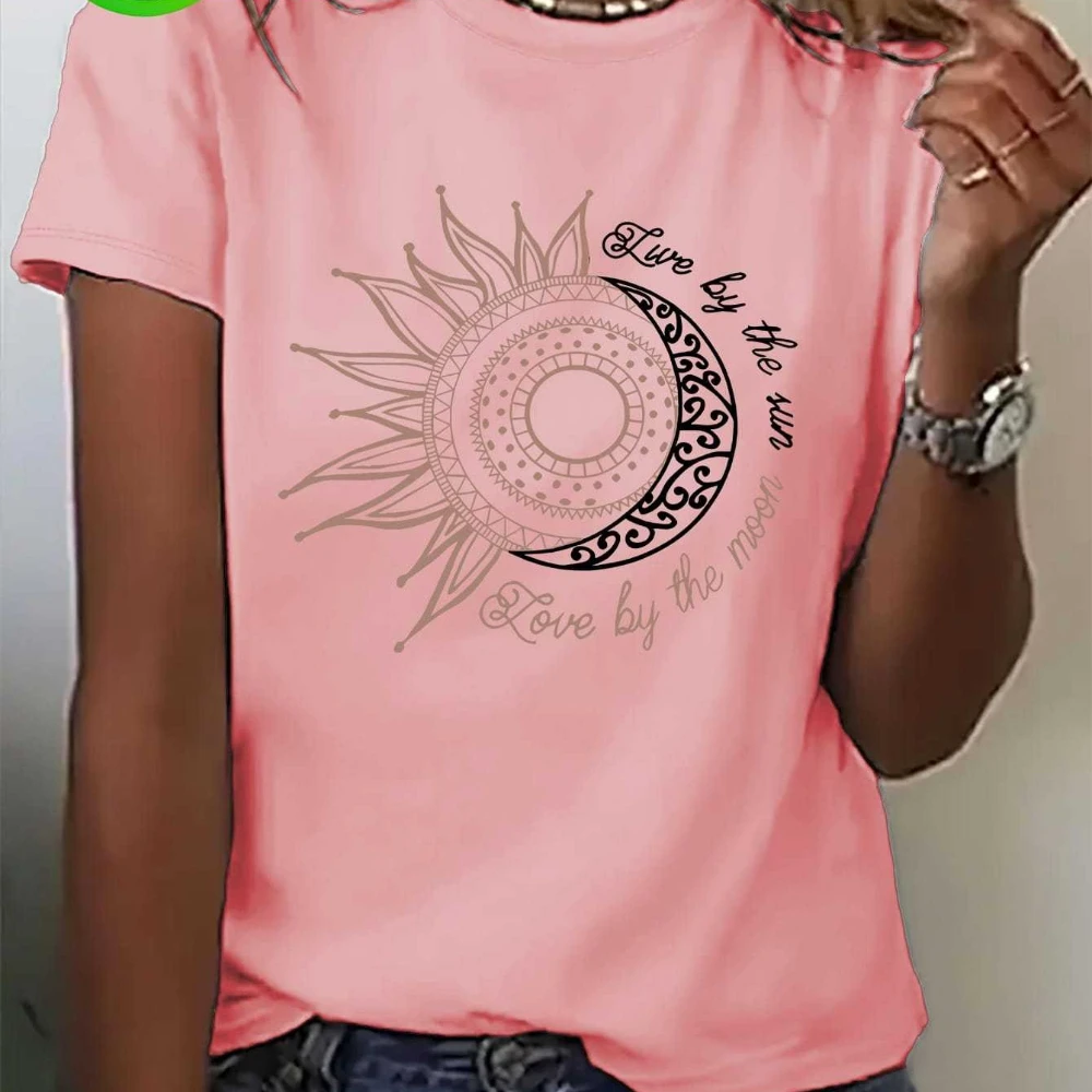 Dames casual T-shirt met korte mouwen en inspirerende zon en maan print ronde hals mode top dames T-shirts