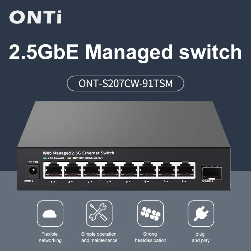 ONTi 2.5GbE Managed Switch 8 Port 2.5GBASE-T Network Switcher 10G SFP+ Slot Uplink Web Managed Hub Internet Splitter Fanless