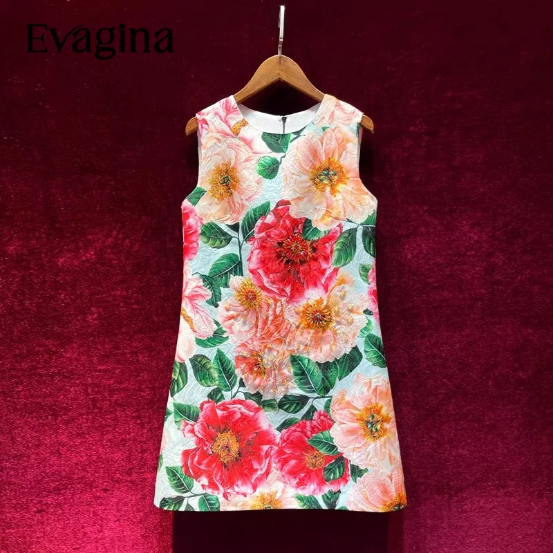 Evagina Vintage Print Nail Bead Jacquard Loose Waist Mini dress 2023 Spring Summer New Women's Sleeveless Holiday Dresses