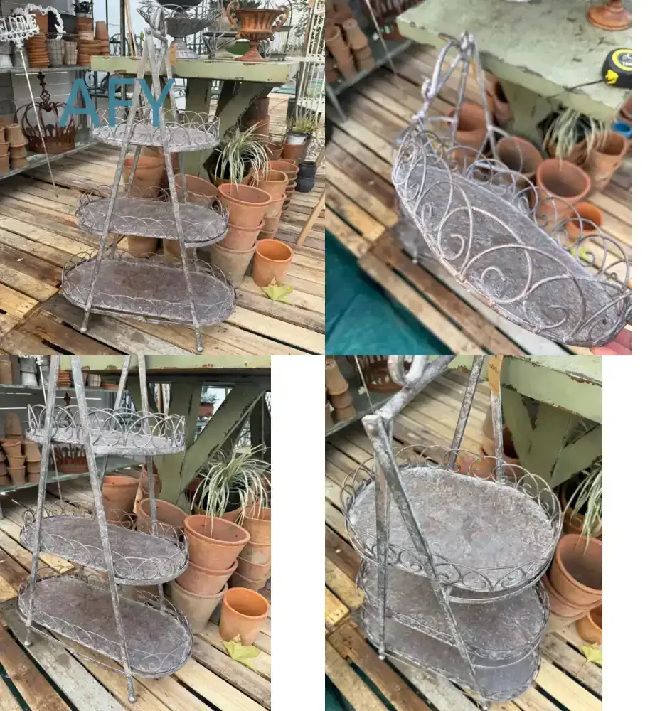 Vintage Metal 3-Tier Display Stand for Home Decor Living Room Bedroom Kitchen Office Foldable Plant Stand Gray Scrollwork