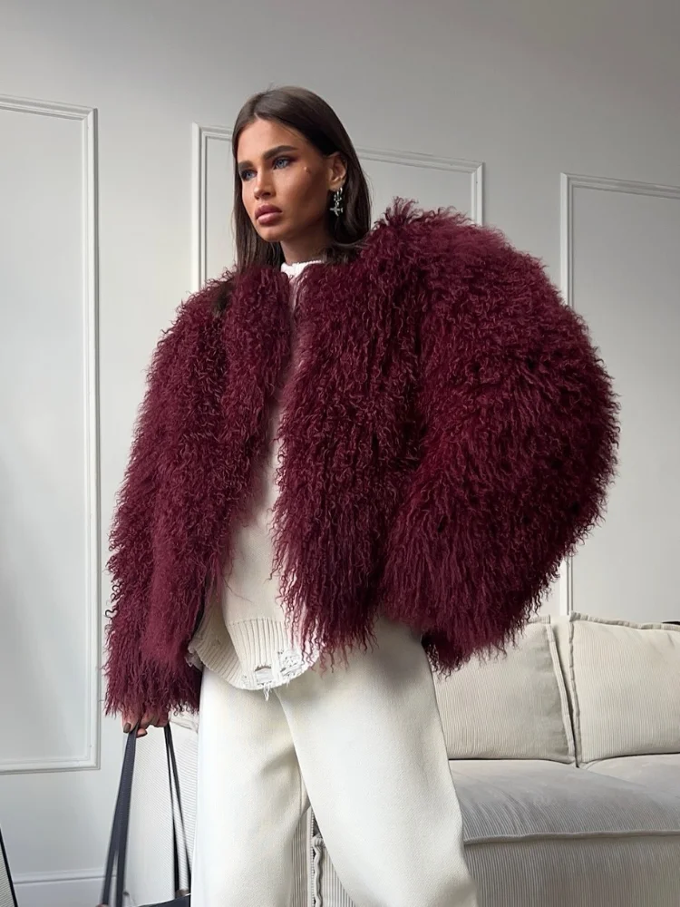 New Fashion Burgundy Oversized Fluffy Faux Fur Coat 2024 Chic Women O-neck Long Sleeved Warm Jacket Winter Lady Loose Streetwear