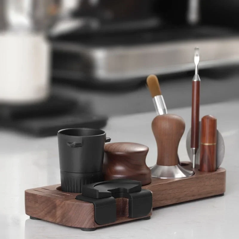 Universal Coffee Tamper Station Stand Walnut Wood Coffeeware Holder Support Base Rack Portafilter Organizer Coffee Lever Storage
