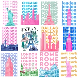 25cm Chicago London City Eiffel Tower Iron On Heat Transfer Stickers For Kids Clothes T-shirt Iron-On Transfers Vinyl Appliques