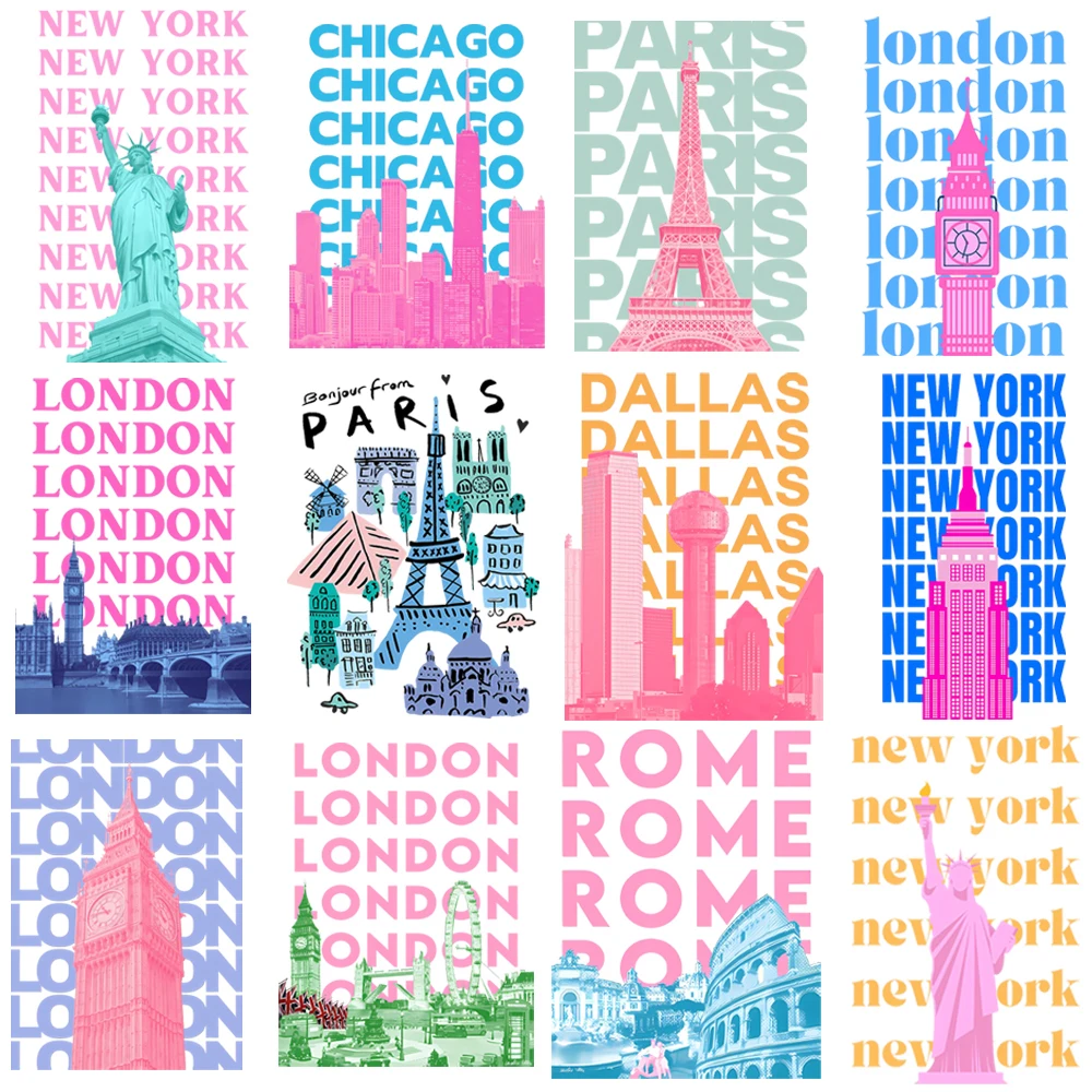 25cm Chicago London City Eiffel Tower Iron On Heat Transfer Stickers For Kids Clothes T-shirt Iron-On Transfers Vinyl Appliques