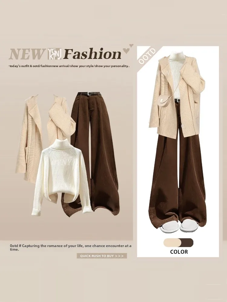 

Ele Commuter Sle Вязаный открытый кардиган с капюшоном и широкие джинсы Комплект из двух предметов Зимний женский модный длинный S...