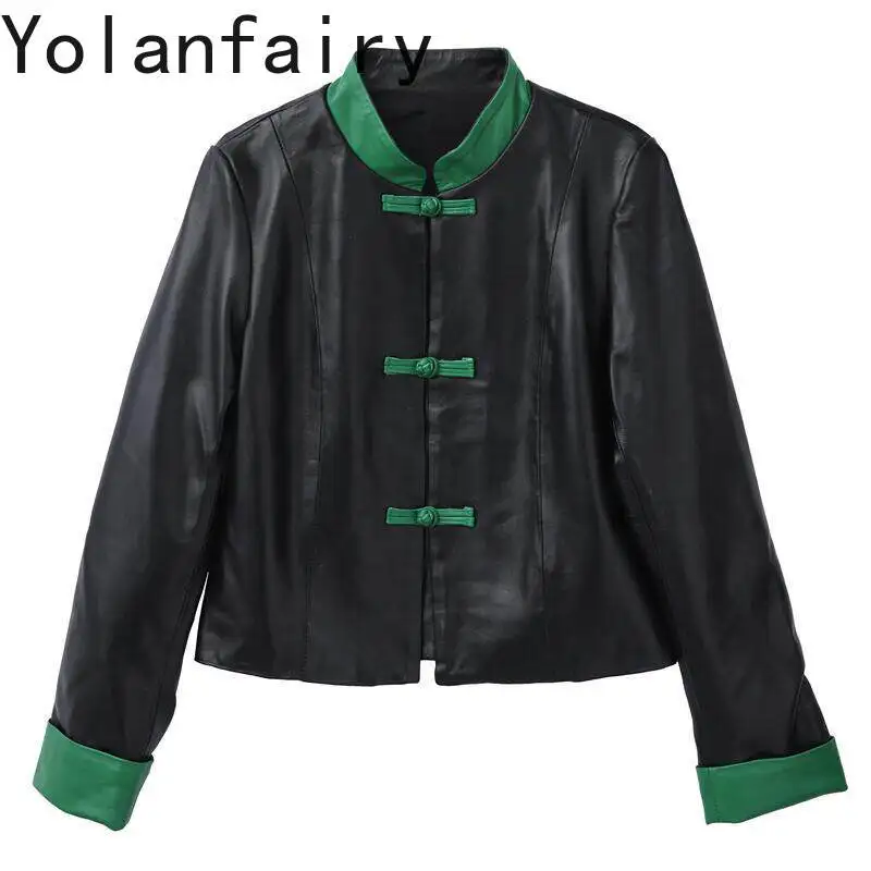 YOLANFAIRY 2026 Autumn Genuine Leather Jacket Women Short Real Sheepskin Coat Black Green Splice Long Sleeve Jackets Outerwear