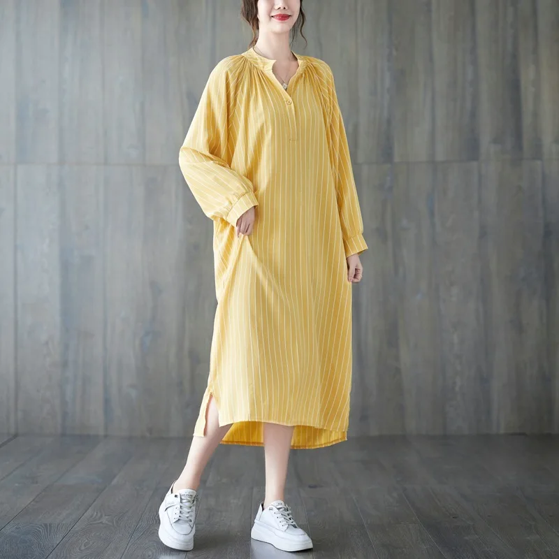 Johnature Spring Summer 2024 New Simple Women Loose Casual Striped Split Dress Casual O-neck Female Dresses