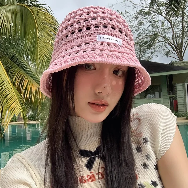 

Korean Version Straw Hollow Breathable Pink Basin Caps Women Summer Seaside Vacation Leisure Sunscreen Versatile Bucket Hat