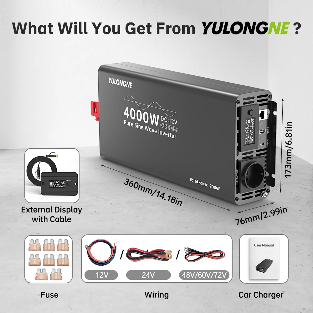 YULONGNE Pure Sine Wave Inverter DC12V Peak 4000W to AC230V EU Socket Converter with External LCD Display for RV Camper Solar Em