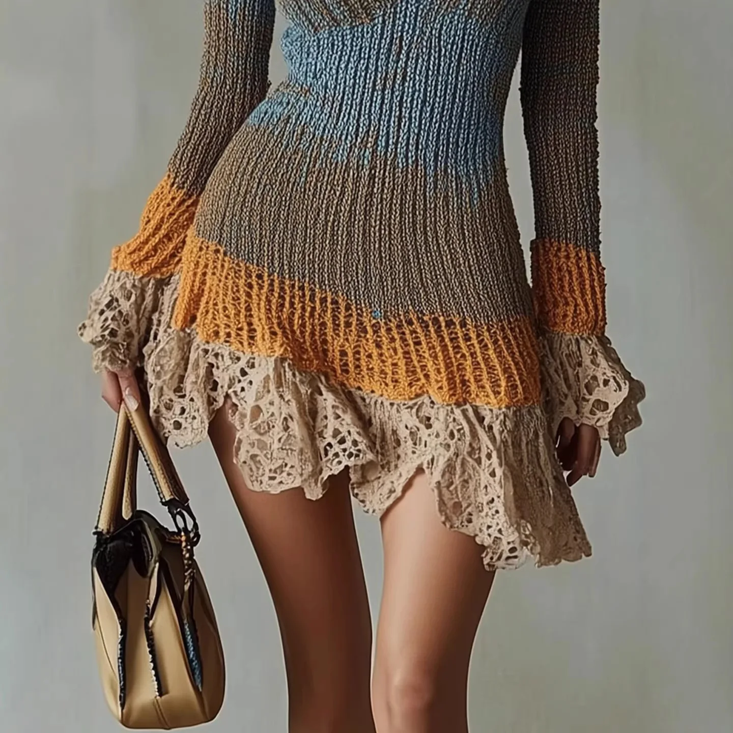 

2026 Spring Long Sleeve Knitted V-Neck Skirt Sweater Dress