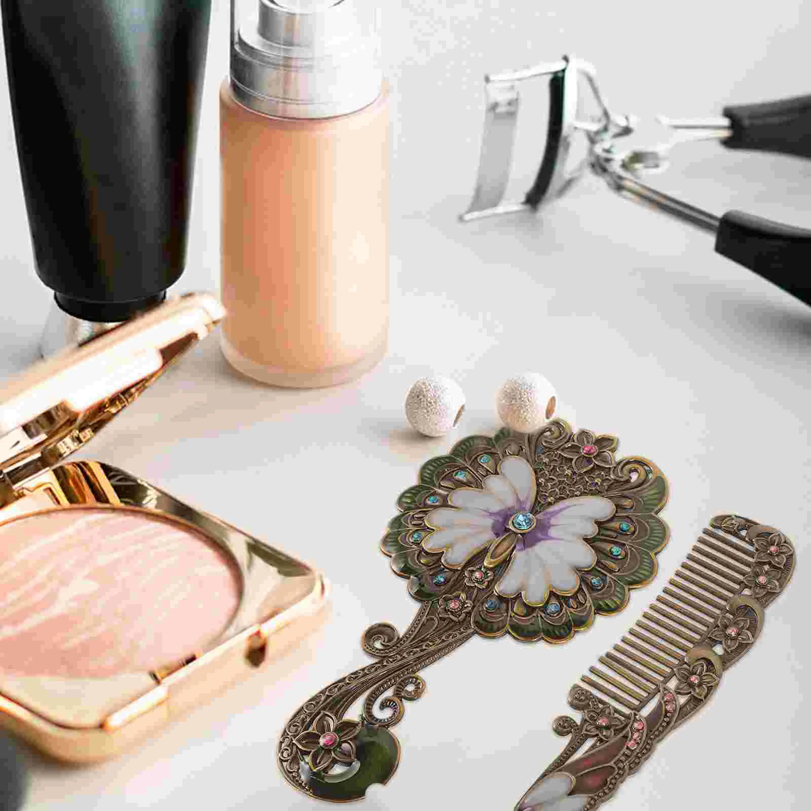 Compact Mirror Retro Handheld Metal Vintage with Handle Woman Women Decor