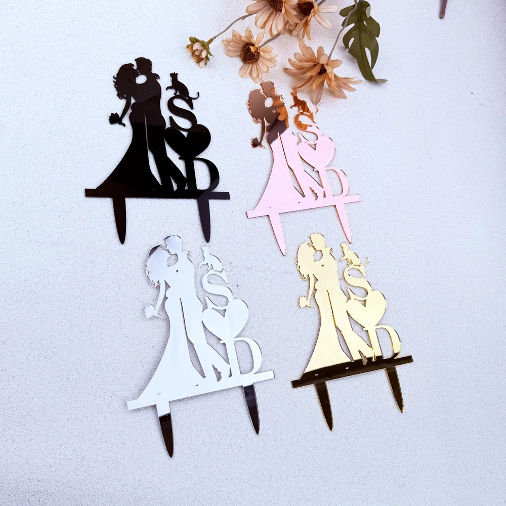 Personalisierte Hochzeitstorten-Topper-Buchstaben, einzigartiger Tortenaufsatz, Hochzeitstorten-Topper mit Initialen und Katzen-Braut-und-Bräutigam-Silhouette – Detail 1