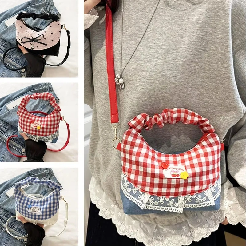 

New Lace Plaid Patchwork Handbag French Bow Underarm Bag Small Versatile Cute Sweet Canvas Shoulder Bag Fashion Crossbody Bag