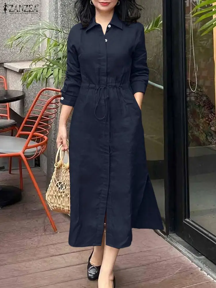 ZANZEA otoño elegante solapa cuello manga larga vestido camisero vestidos de mujer 2025 elegante sólido OL vestidos de trabajo botones Midi Up Robe