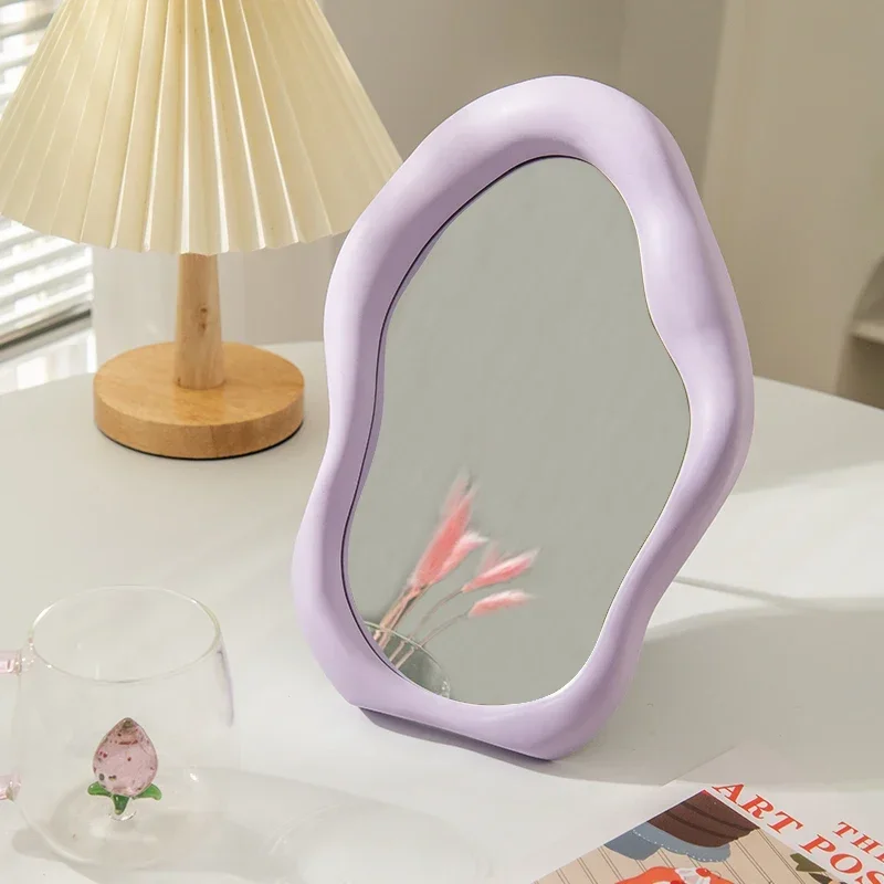 Decorative Wave Makeup Mirrors, Bedroom Mirror, Cosmetic Desk Mirror with Bracket, Dormitory Makeup Supplies, Kawaii Room Decor