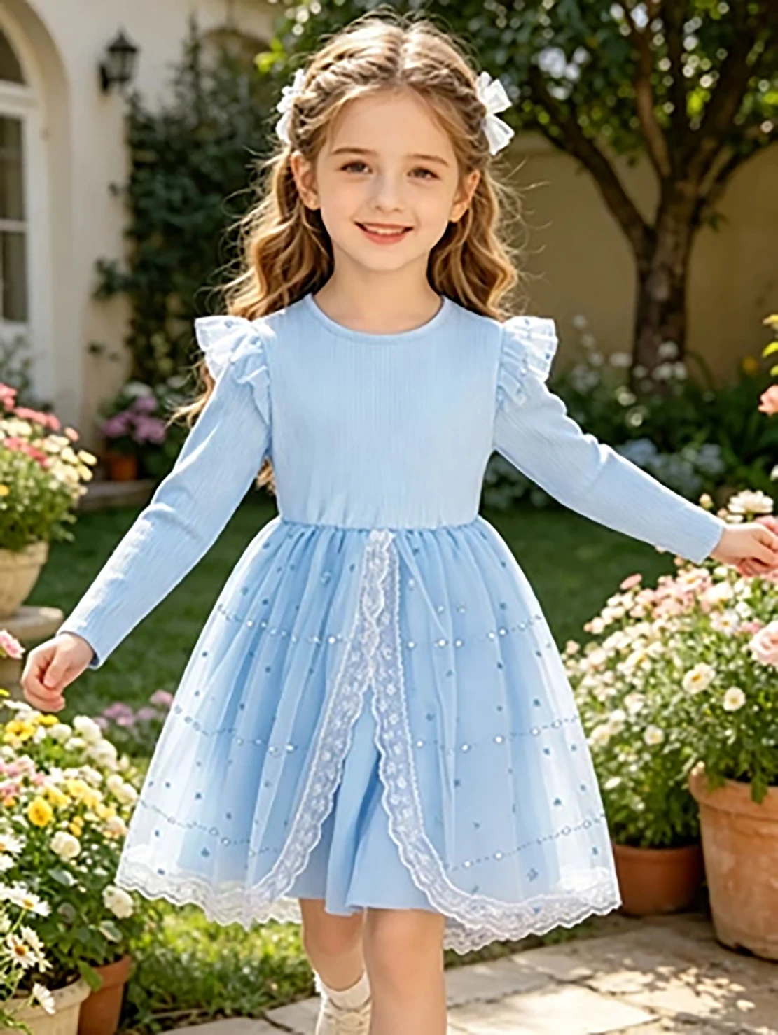 Little Girls' Blue Star Lace Princess Dress, Long Sleeve Tulle Dress for Autumn