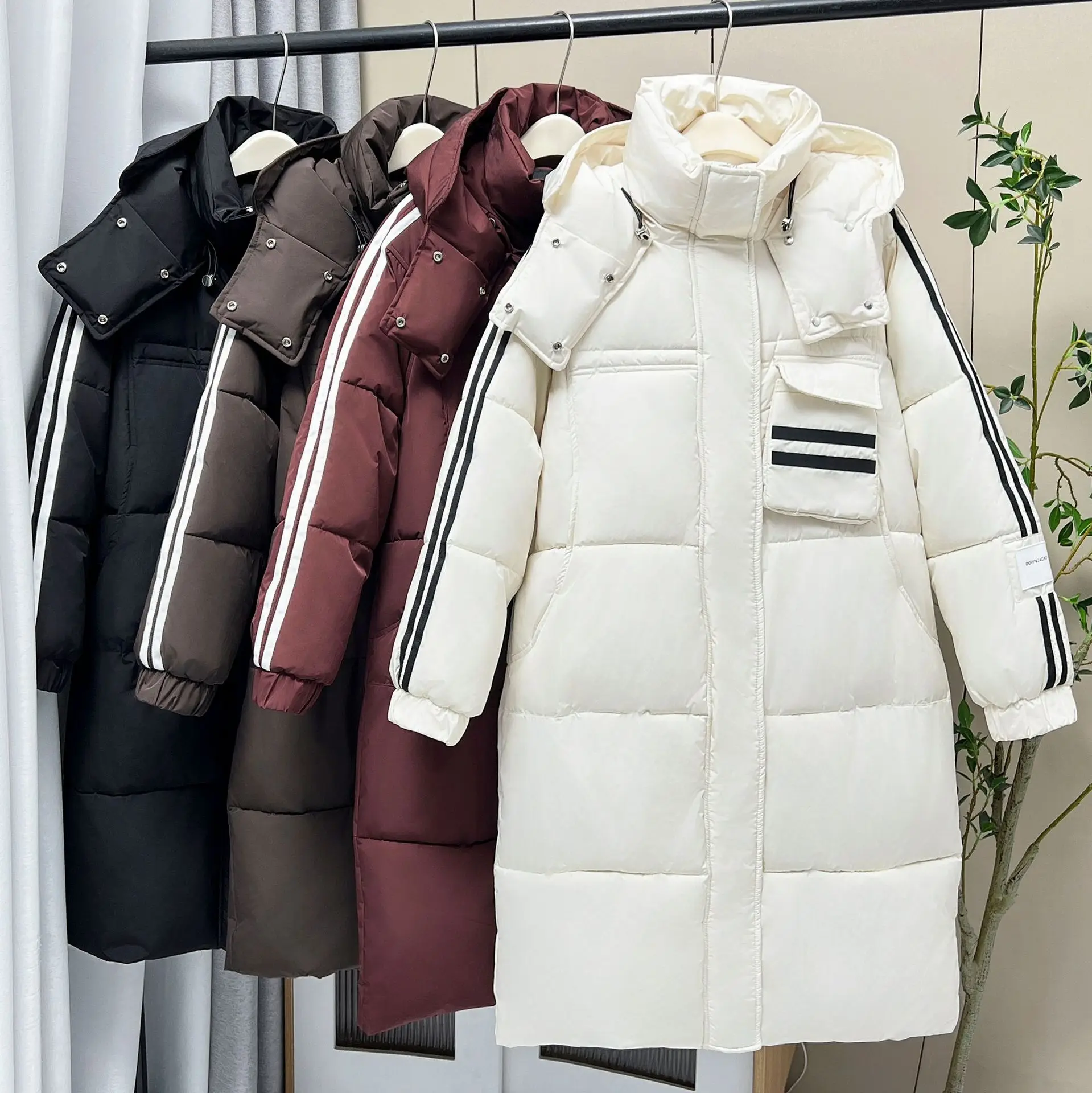 Plus Size Women X-Long Parka Winter New Loose Hooded Preppy Style Fashion Sleeves Two White Stripe Cotton-padded Jacket 8908