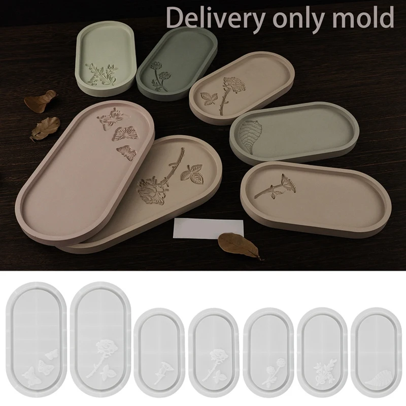 7PCS Oval Storage Tray Cement Silicone Mold DIY Rose Flower Butterfly Carving Coaster Mold Resin Concrete Plaster Mould