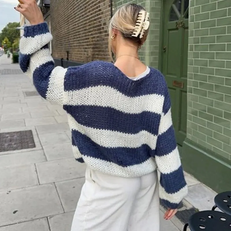 

hirigin Women Y2k Striped Sweater Oversized Long Sleeve Color Block Knitted Pullover Aesthetic Loose Crewneck Knit Tops