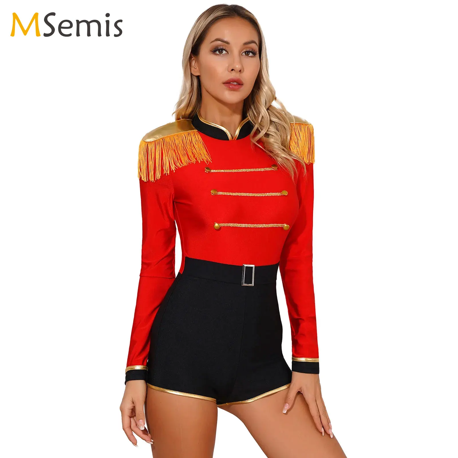 

Womens Circus Ringmaster Jumpsuit Halloween Carnival Theme Party Role Play Costume Long Sleeve Velvet Fringed Cosplay Bodysuit