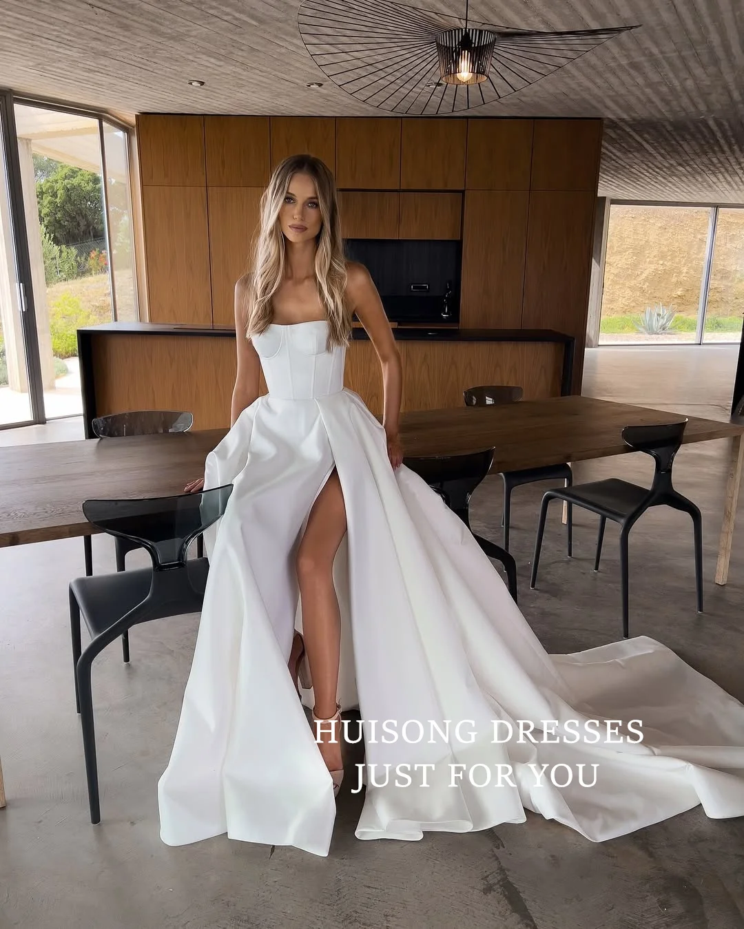 HUISONG-vestidos de novia de satén personalizados, escote en forma de corazón, sin mangas, con abertura lateral, corte en A, para playa