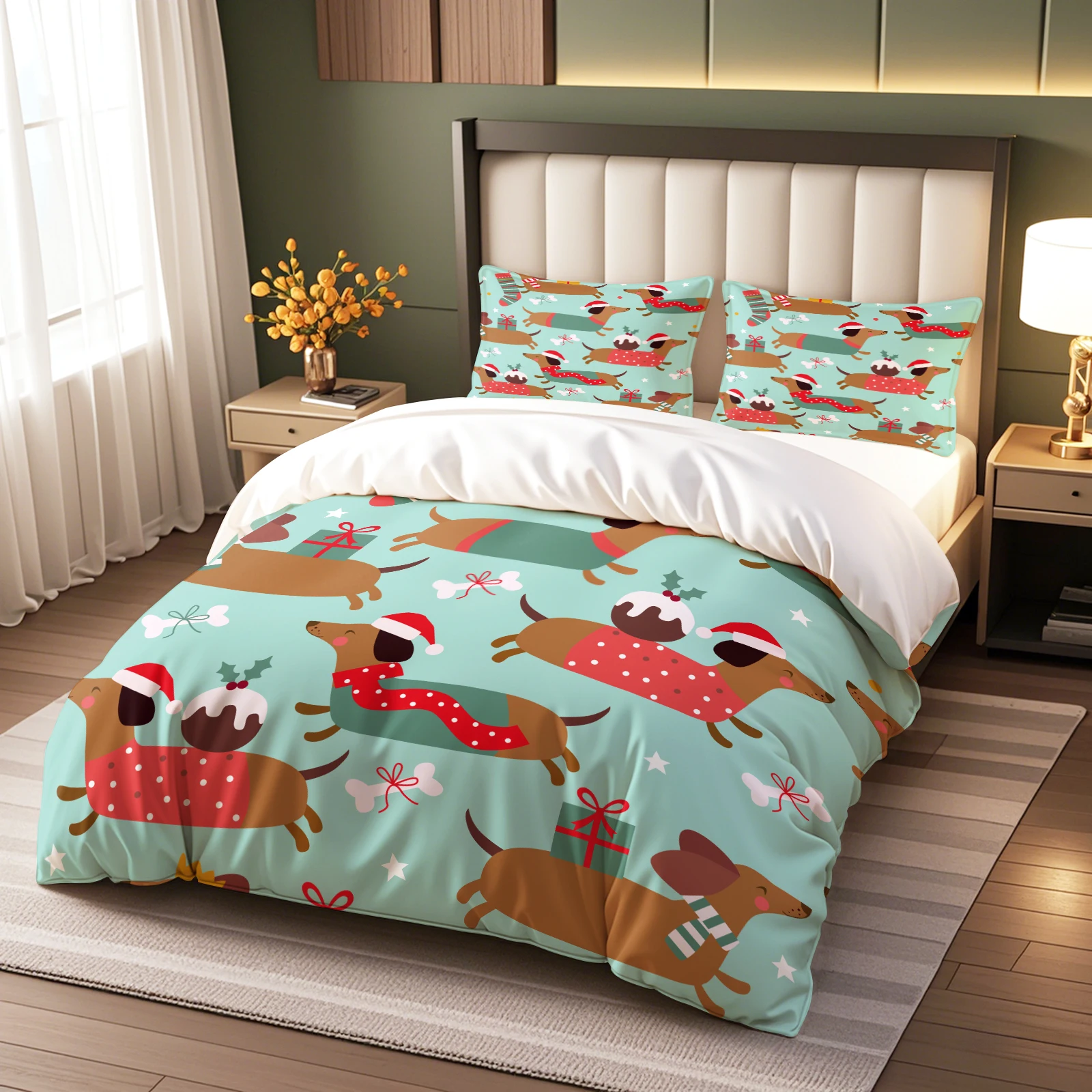 Cute Christmas Dachshund Duvet Set with Santa Hats & Gifts on Mint Background. Cozy Holiday Bedding for Dog Lovers