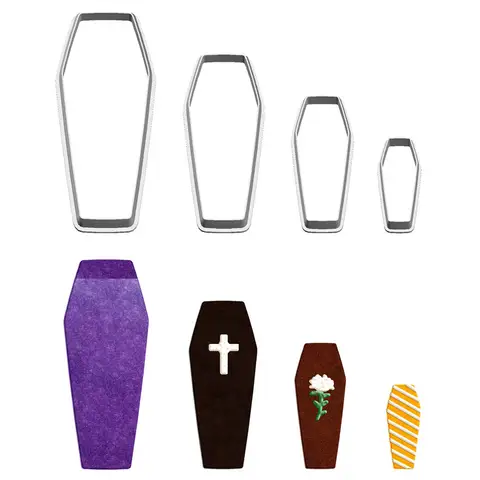 할로윈 만화 그래픽 관 묘비, 플라스틱 금형, 케이크 퐁당 도구, 쿠키 스시 및 과일 커터, 4 가지 사양