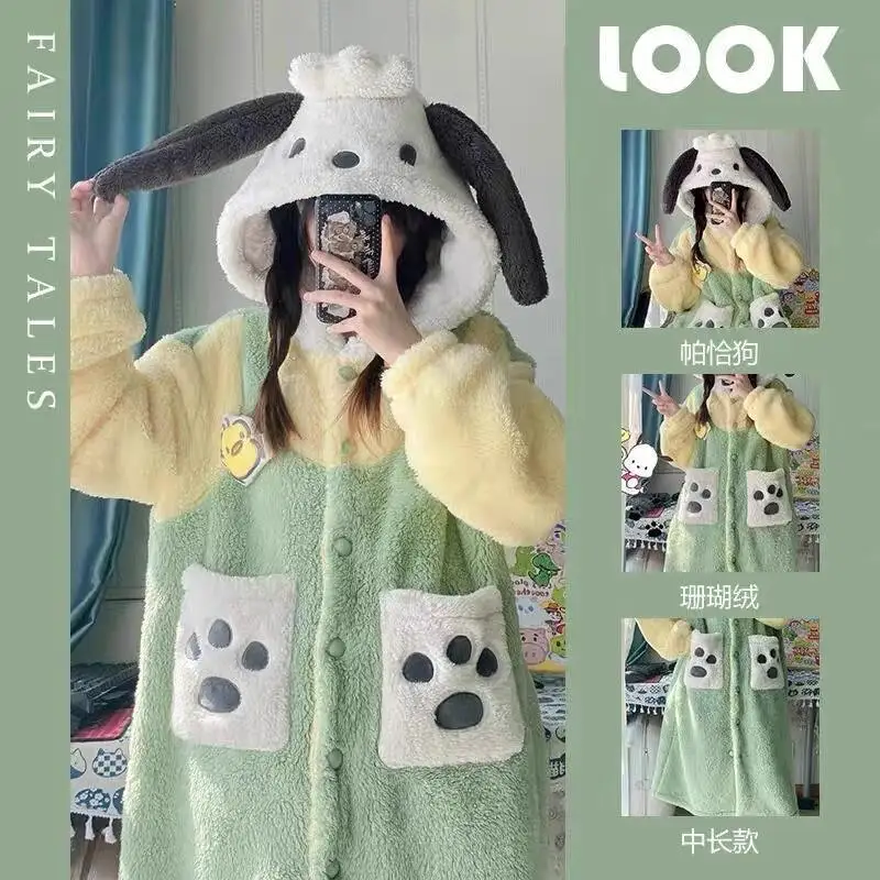 

Pochacco женские пижамы Sanrio милый коралловый флис плотная зимняя домашняя одежда халат можно носить на открытом воздухе Kawaii модный комплект ночного белья