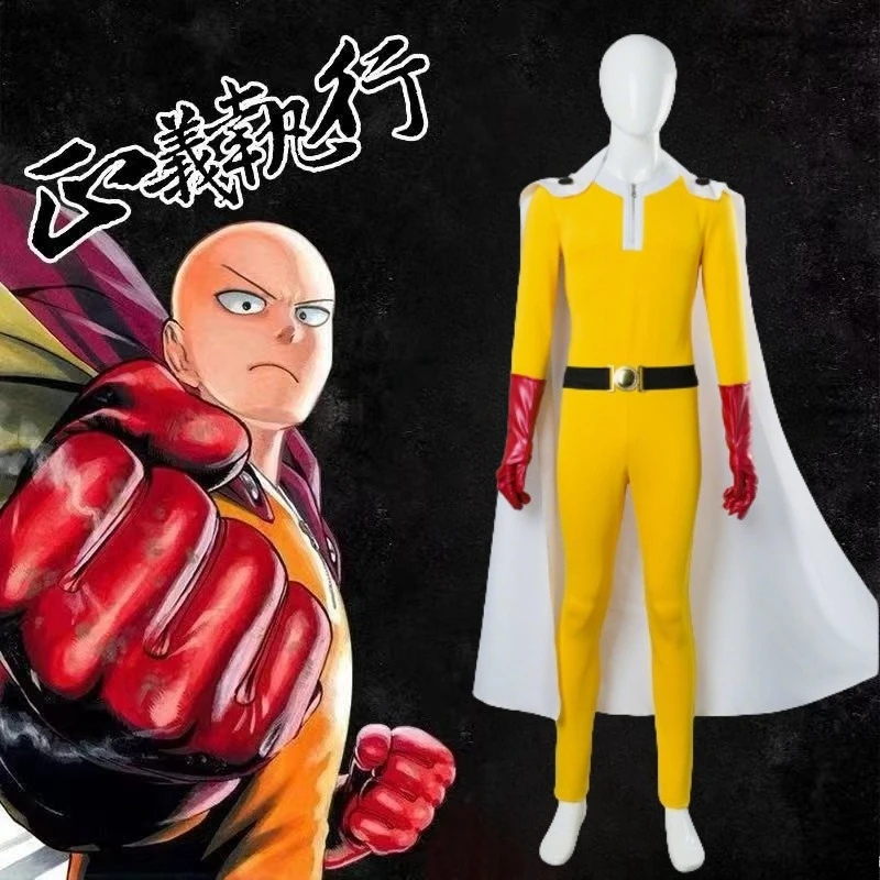

One Punch Man Saitama Cosplay Costume Adults Yellow Jumpsuit with Cloak Gloves Belt Halloween Carnival Party Outfit