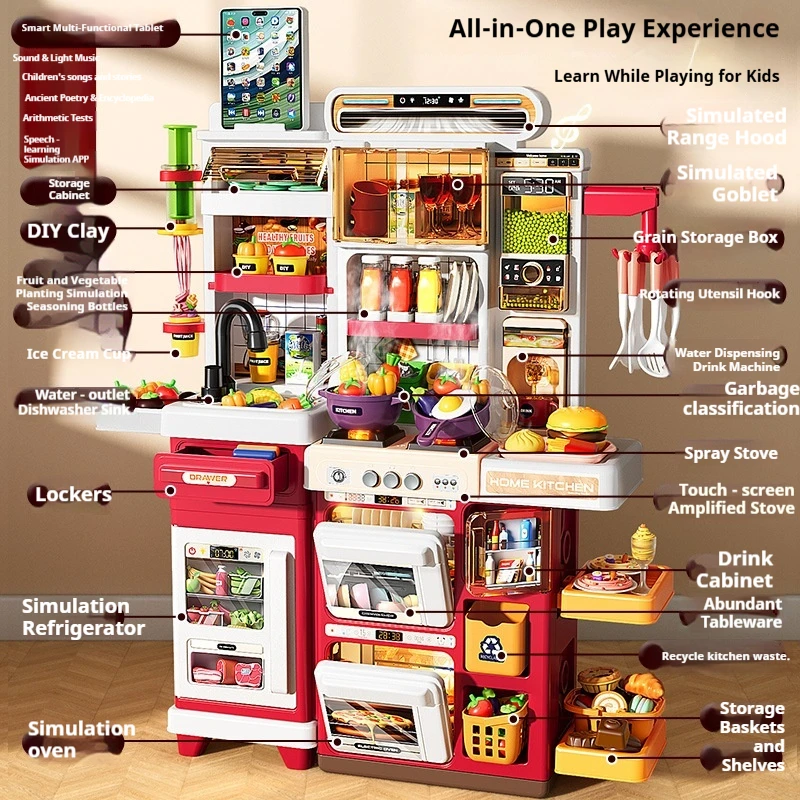 New Pretend Play Kitchen Toy Set With Simulation Refrigerator Spray Stove Water Sink Hamburger Dessert Cooking Accessories