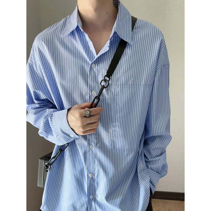 Blue Long Sleeved Shirt Men Fashion Society Mens Dress Shirt Korean Loose Casual White Striped Shirt Mens Office Formal Shirts