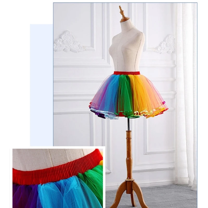 Women High Waist Pleated Mesh Midi Skirt Rainbow Skirt Layered Tulle Skirt P8DB