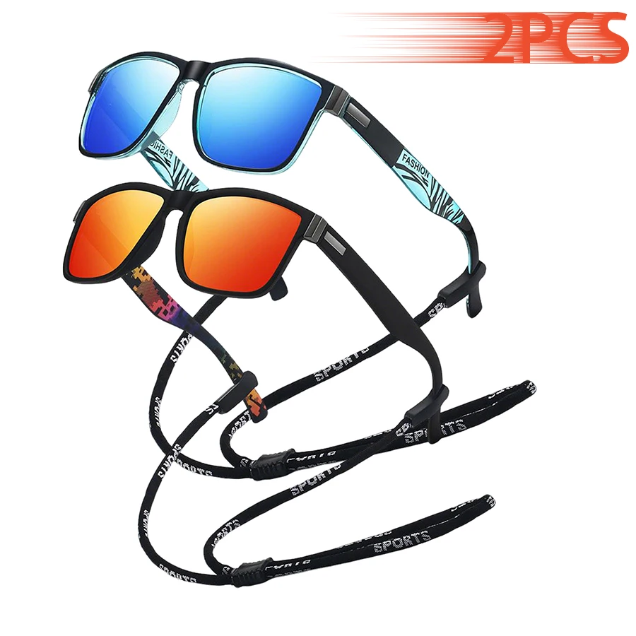 2PCS Unisex Sunglasses with Chain Detail Fashion Pattern Colorful Safety Goggles for Driving Fishing Cycling