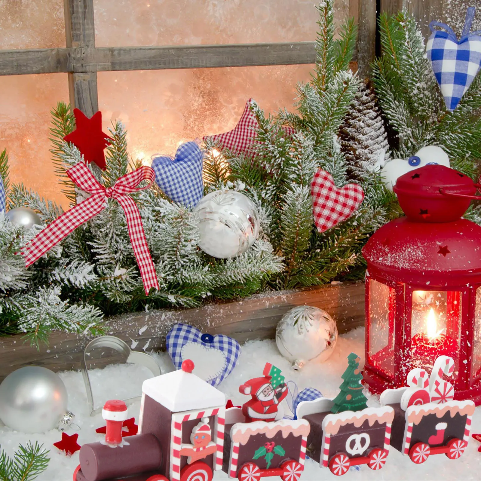 

2Pcs Tiny Train Decor Eco-Friendly Wooden Christmas Ornament for Tabletop Shelf Kids Holiday Gift Christmas Train