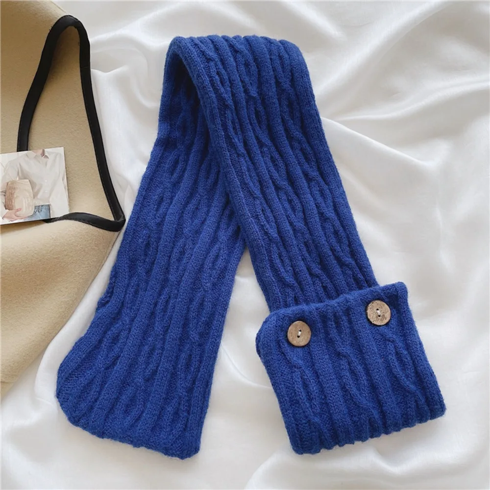 Retro Solid Color Knitted Scarf Windproof Button Cross Scarf Neck Warm Wool Women Winter Neckerchief Outdoor