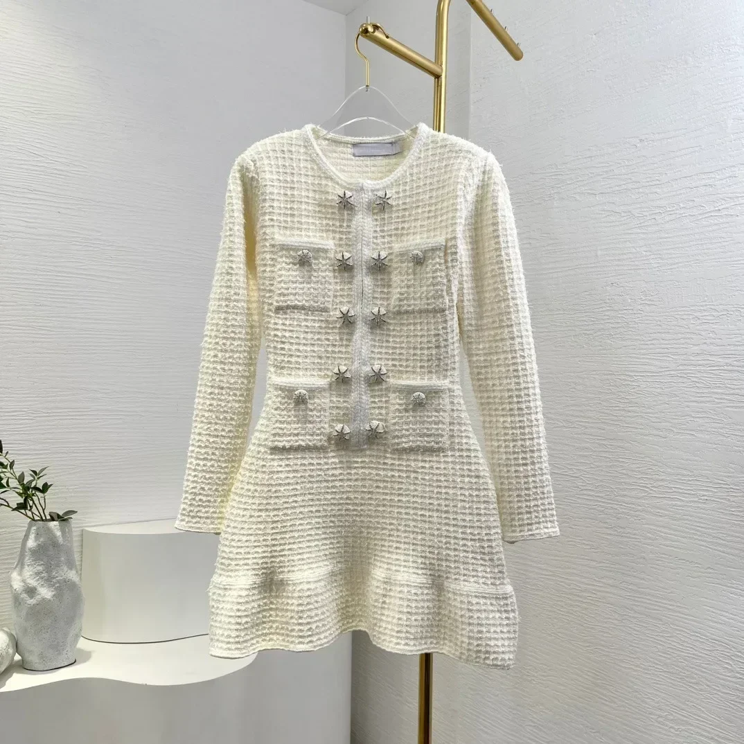 High Quality Elegant White Long Sleeve Buttons Knit Mini Women Dress