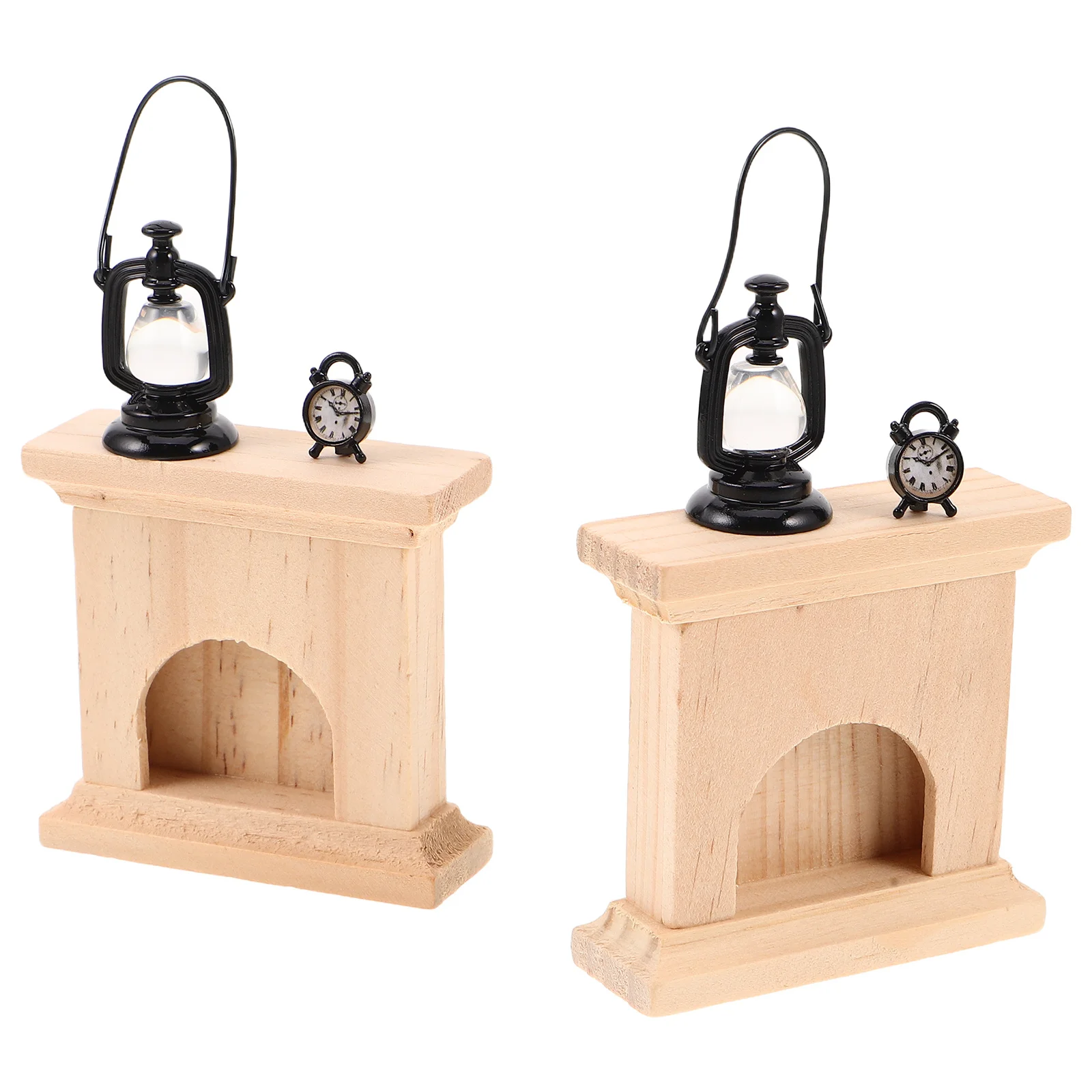 2set Miniature Wooden Fireplace Set With Vintage Lamp Clock Dollhouse Christmas Decor For Micro World Pretend Play