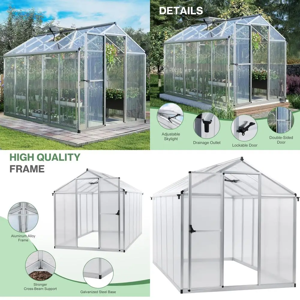 

Большая теплица длиной 10x6 футов с поликарбонатом, алюминиевой рамой, мансардным светом и запираемой дверью для любителей сада.